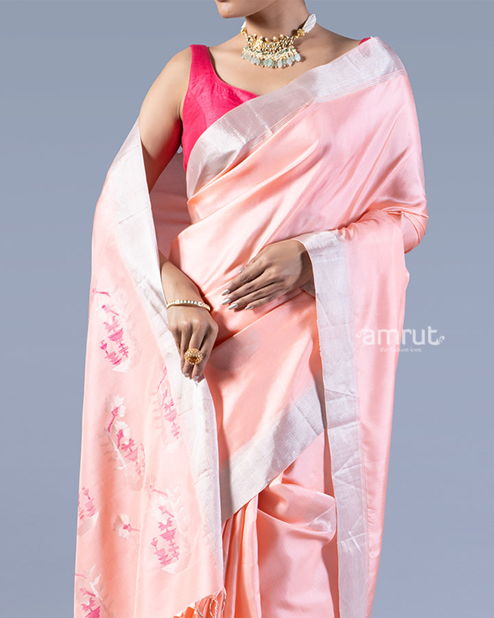 Peach-Pink Silver Woven Border and Floral Embroidery Silk Saree with unstitched blouse