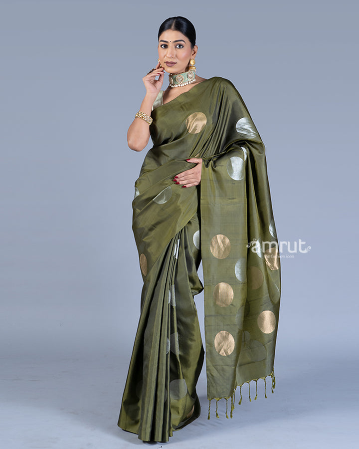 Mehendi Green Golden and Silver Zari Woven Saree with unstitched blouse