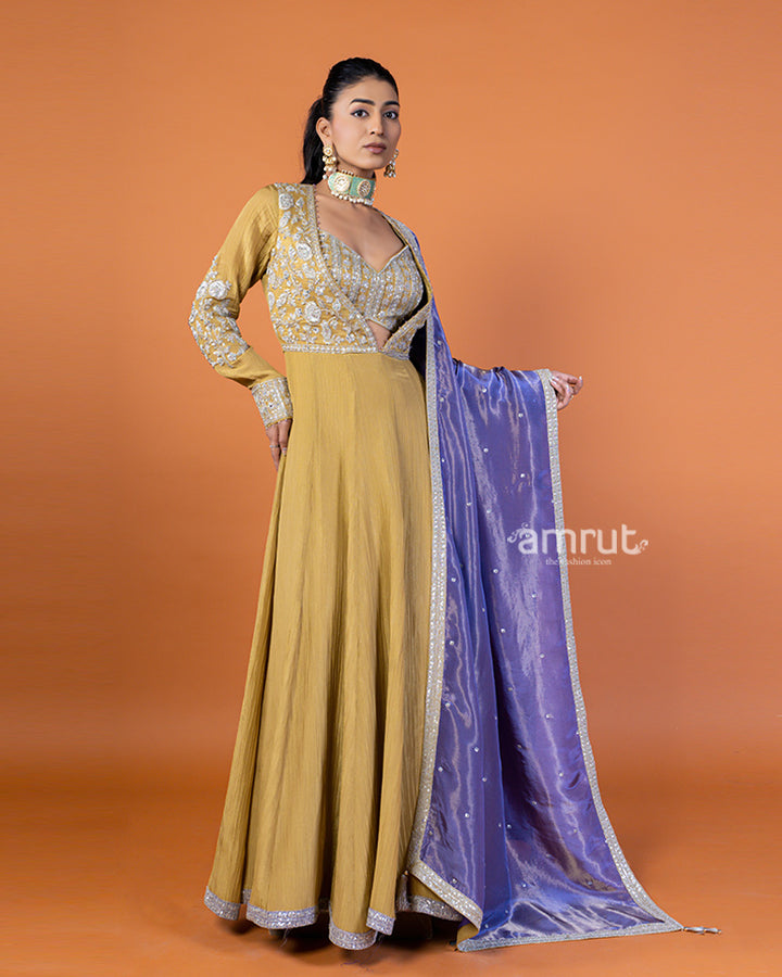 Yellow Embellished Long Kurta with Shimmering Purple Dupatta