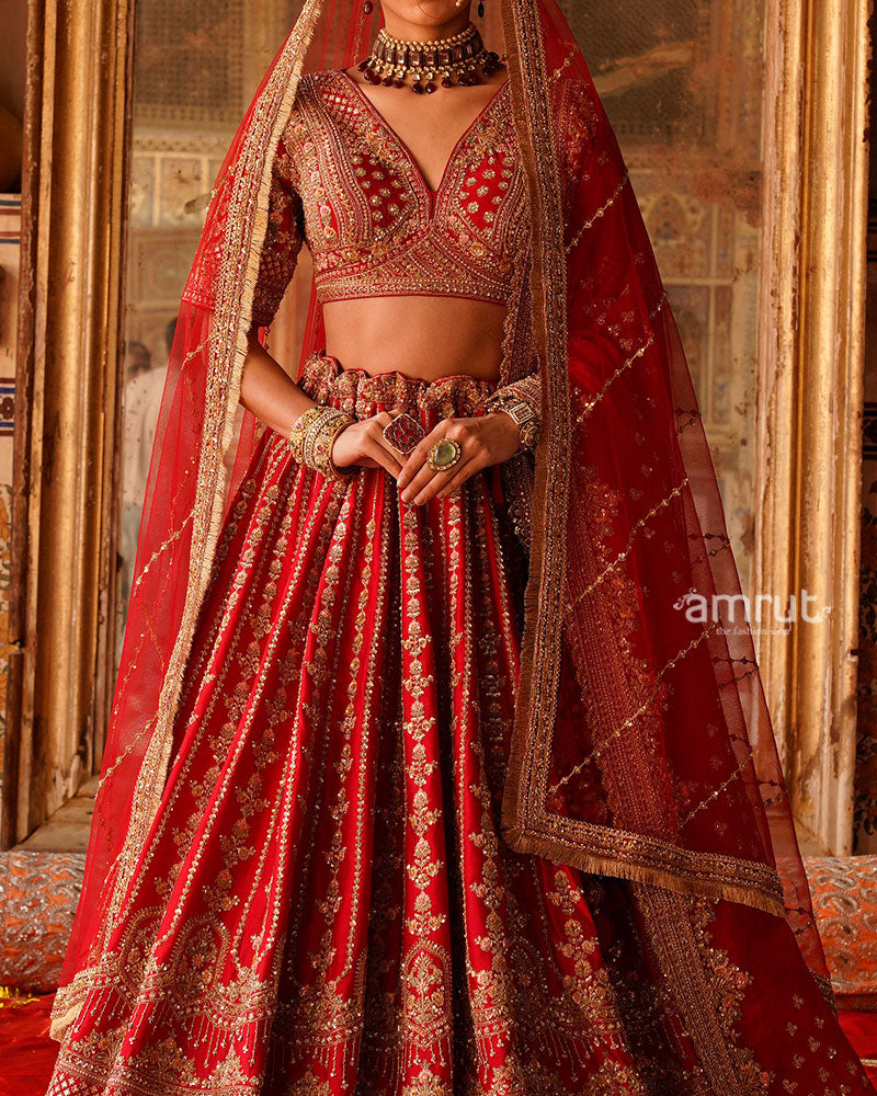 Vibrant Red Golden Embroidered Lehenga Choli with Sheer Net Dupatta