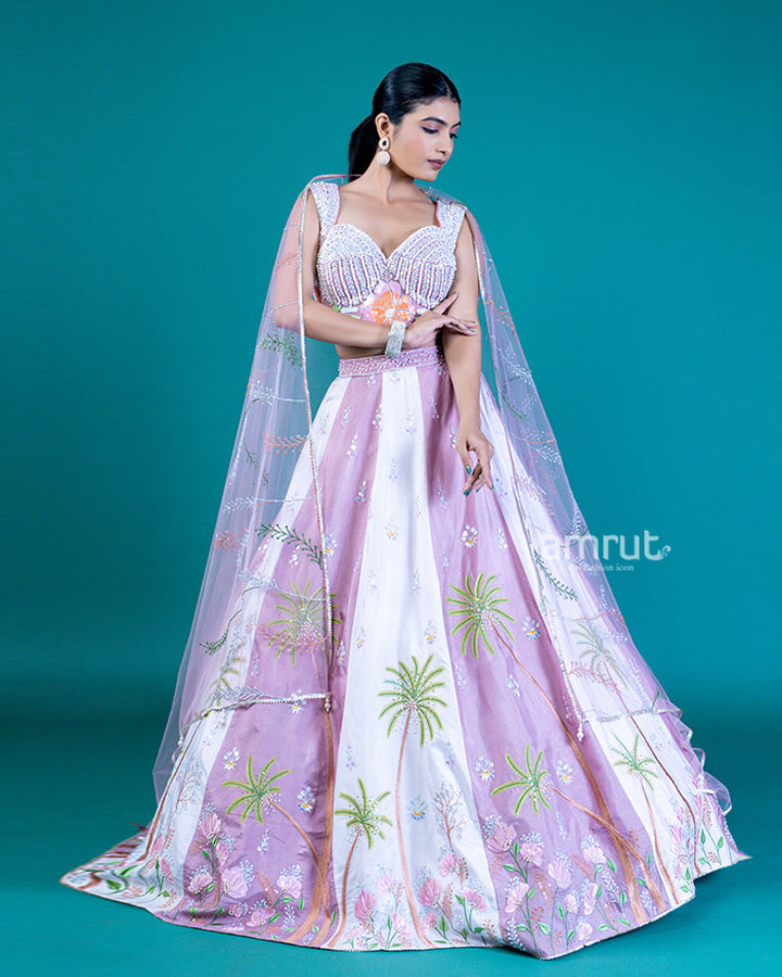 Embellished Pale-Pink Crop Top with Sweetheart Neckline and Layered Lehenga in White and Dusty Rose