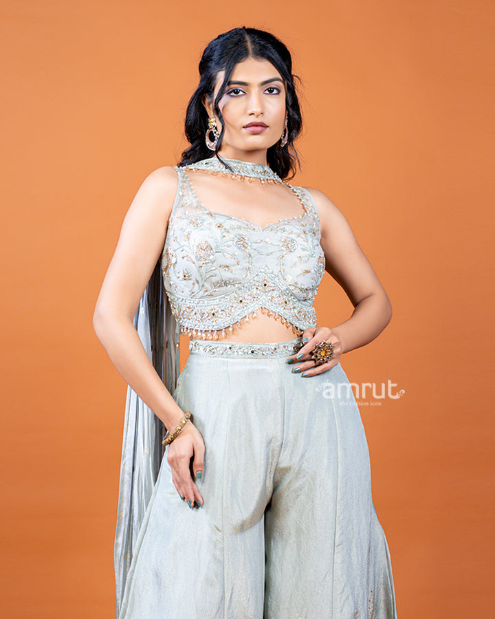 Pista Green Palazzo and Crop Top with Choker-Style Dupatta