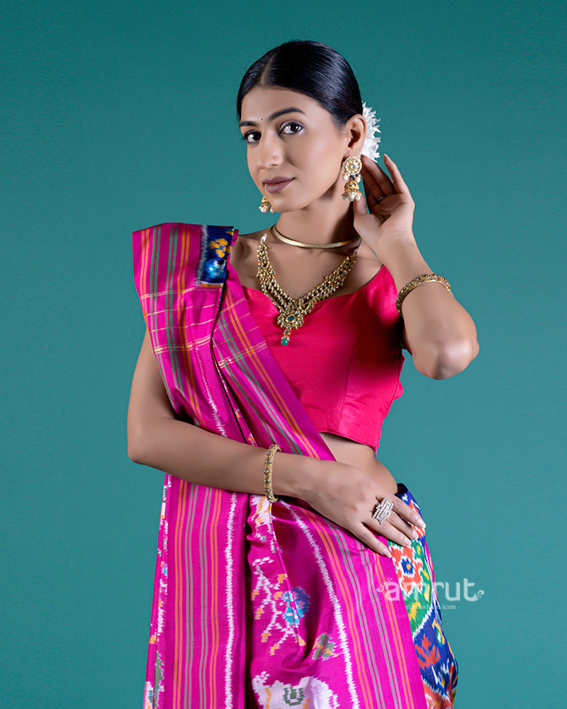 Deep Blue Patola Print Silk Saree with Contrast Pink Pallu