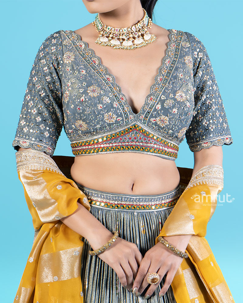 Gray Pleated Lehenga and Embroidered Choli with Mustard Yellow Dupatta