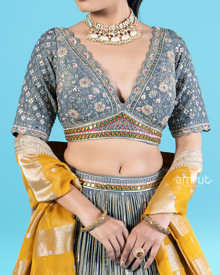 Gray Pleated Lehenga and Embroidered Choli with Mustard Yellow Dupatta