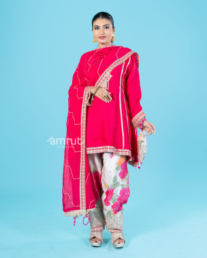 Pink Kameez with Cream Salwar and Matching Dupatta