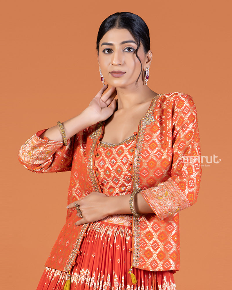 Golden Zari Embroidered Red Lehenga with Orange Crop Choli and Jacket