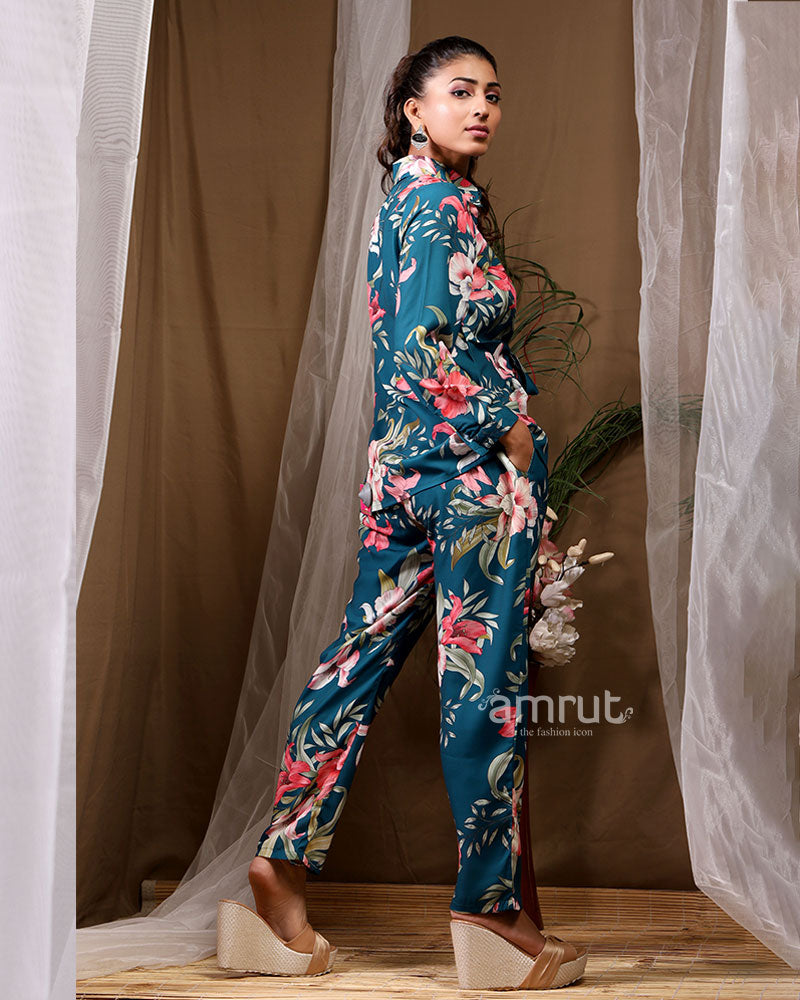 Teal Blue Floral Oriented Co-ord Set With Belt