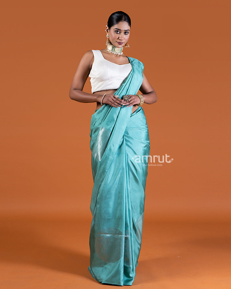 Cyan Blue silk saree with unstitched blouse