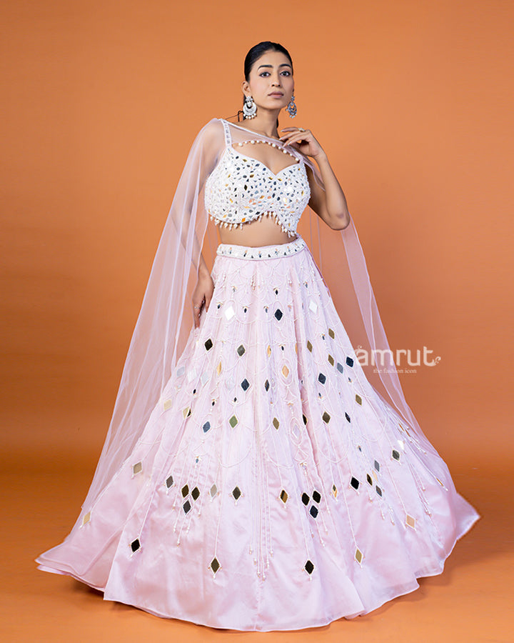 Baby Pink Mirror and Bead Embellished Lehenga Choli with Shrug-Style Dupatta