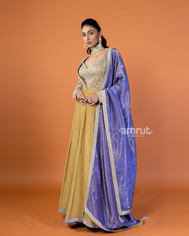 Yellow Embellished Long Kurta with Shimmering Purple Dupatta