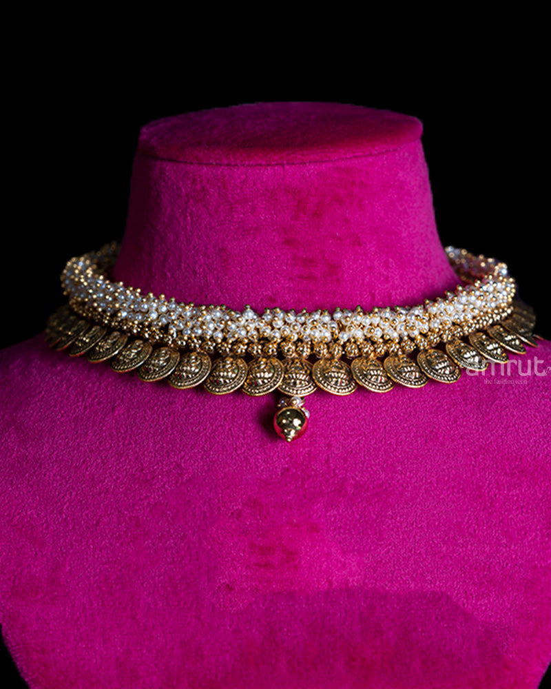 Golden Toned Coin Choker Necklace with Pearl Accents and Matching Earrings