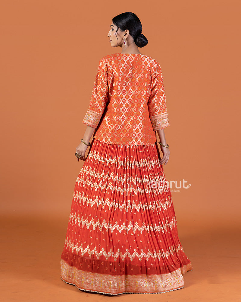 Golden Zari Embroidered Red Lehenga with Orange Crop Choli and Jacket