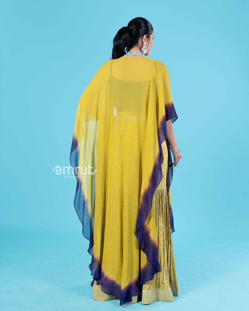 Mustard Yellow and Purple Cape with Sequined Crop Top and Palazzo Pants