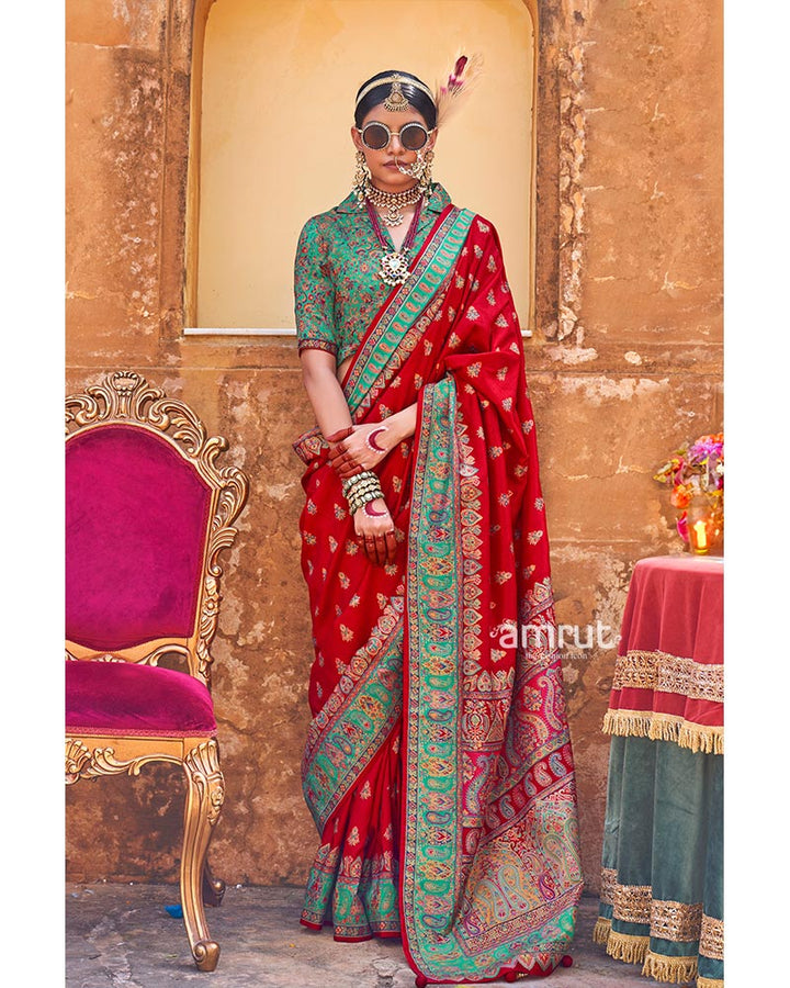 Red Pashmina Silk Saree Embellished Traditional Buti Design and Border with Unstitched Blouse