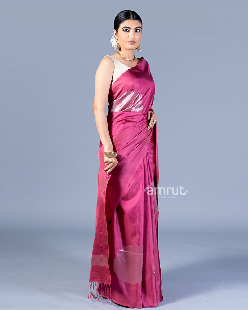 Magenta-Pink with Silver Zari Embellished Silk Saree with Unstitched Blouse