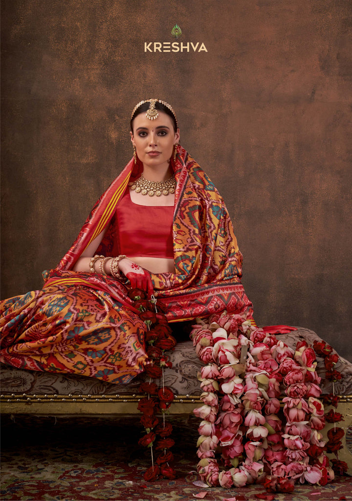 Red & Yellow Patan Patola Soft Silk Saree with Traditional Ikat Weaving P102