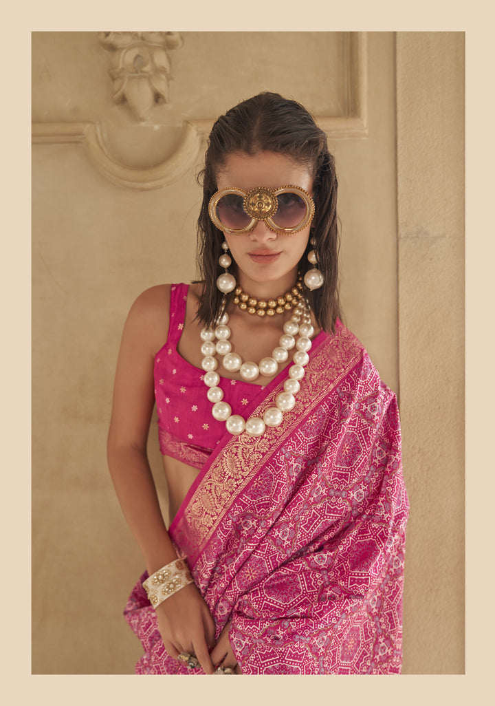 Rani Pink Designer Silk Saree with Heritage Woven Motifs