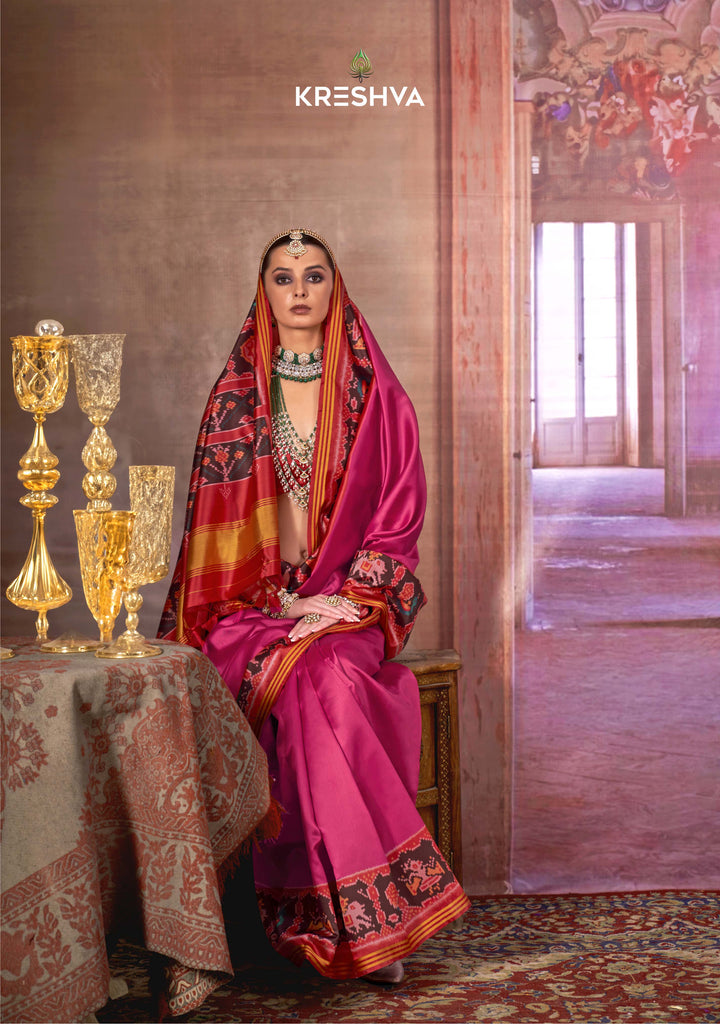 Rani Pink & Red Patola Soft Silk Saree with Traditional Ikat Border & Pallu P56