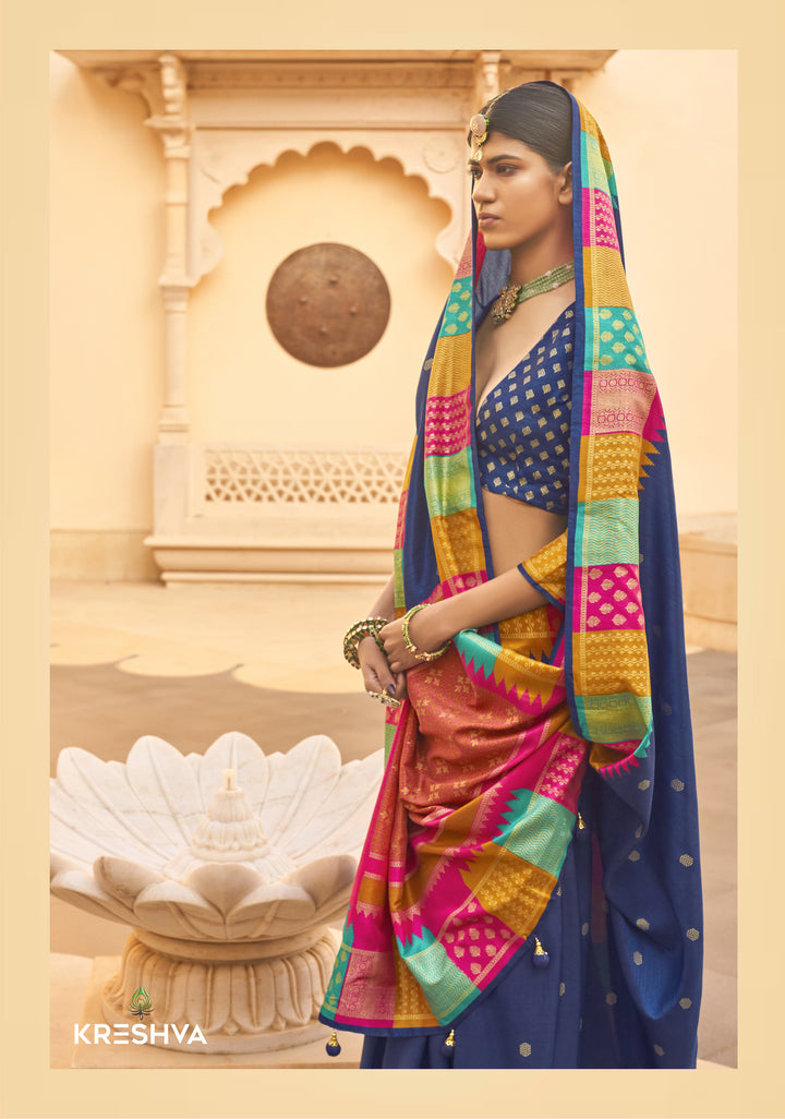 Royal Blue Designer Silk Saree with Multicolour Contrast Zari Border & Rich Traditional Pallu
