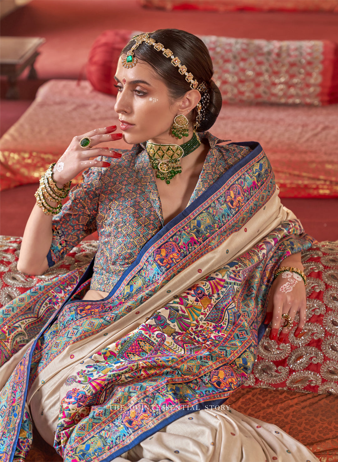 Royal Rajtilak  Pashmina Inspired Heritage Print Cream Saree with Traditional Folk Border