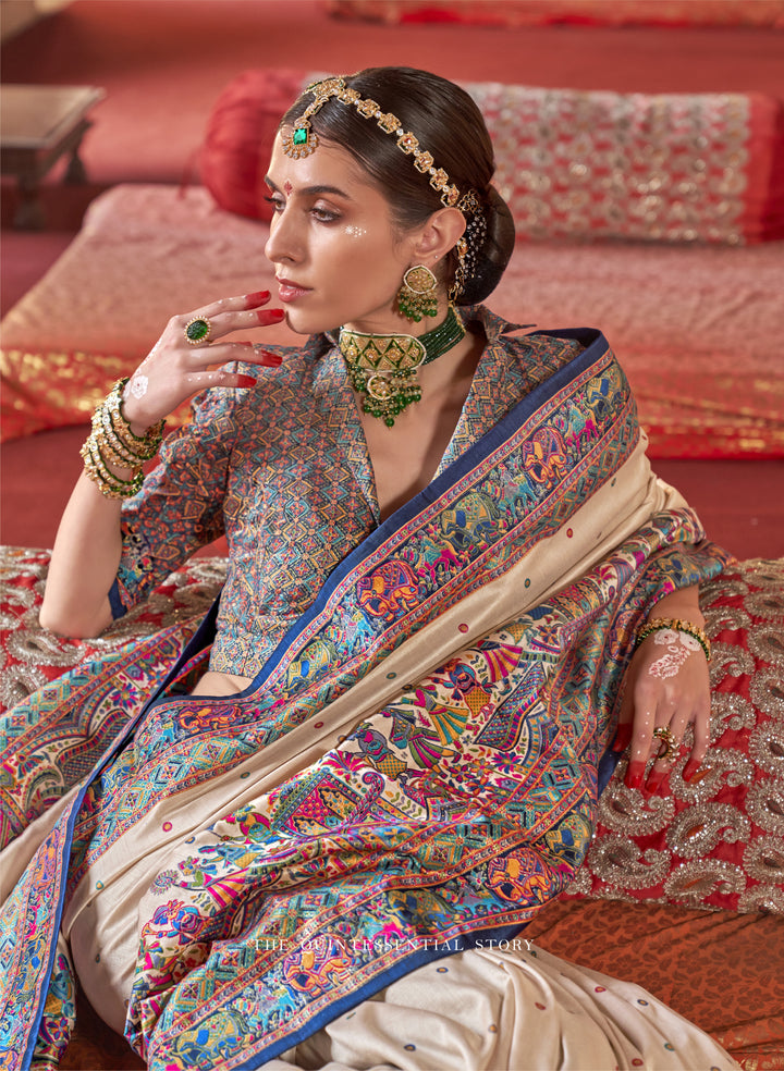 Royal Rajtilak  Pashmina Inspired Heritage Print Cream Saree with Traditional Folk Border