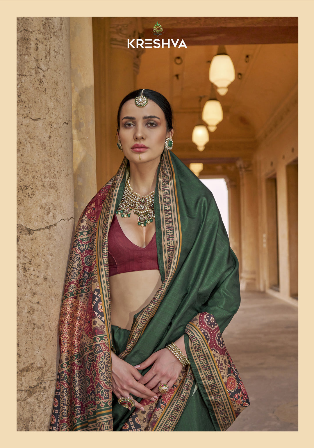 Emerald Green Ajrakh Printed Saree with Heritage Handcrafted Pallu