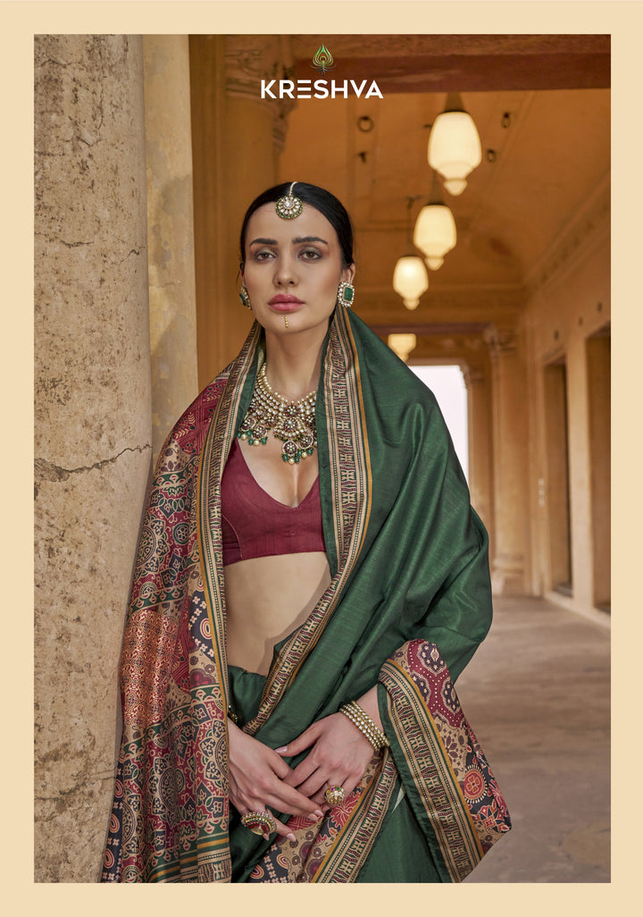 Emerald Green Ajrakh Printed Saree with Heritage Handcrafted Pallu