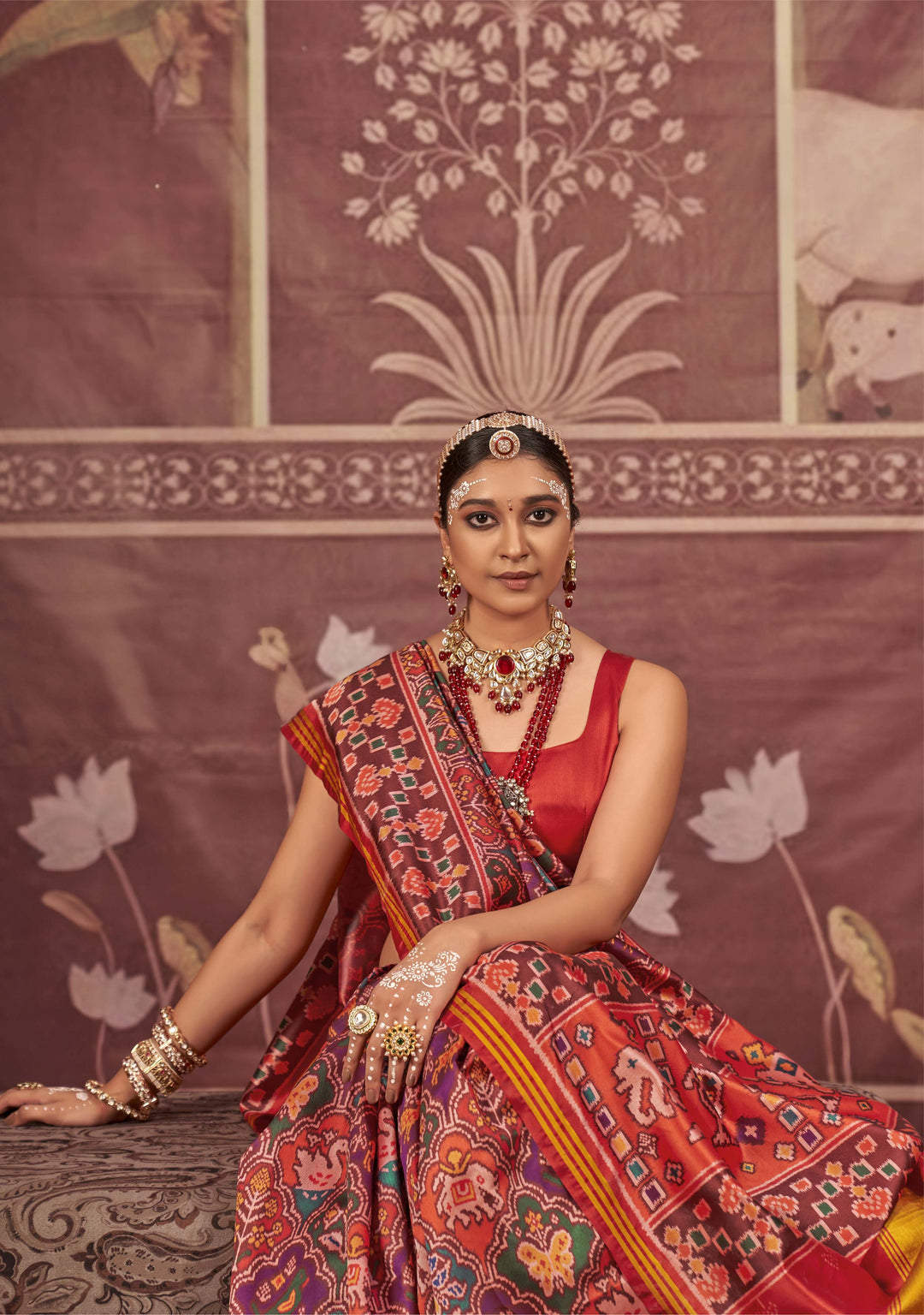 Red & Green Patan Patola Silk Saree with Multicolour Ikat Weave P43