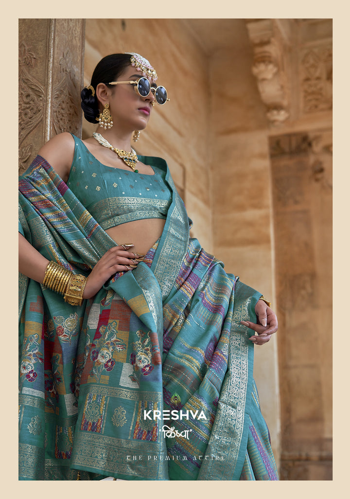 Turquoise Blue Designer Silk Saree with Multicolour Abstract Weave