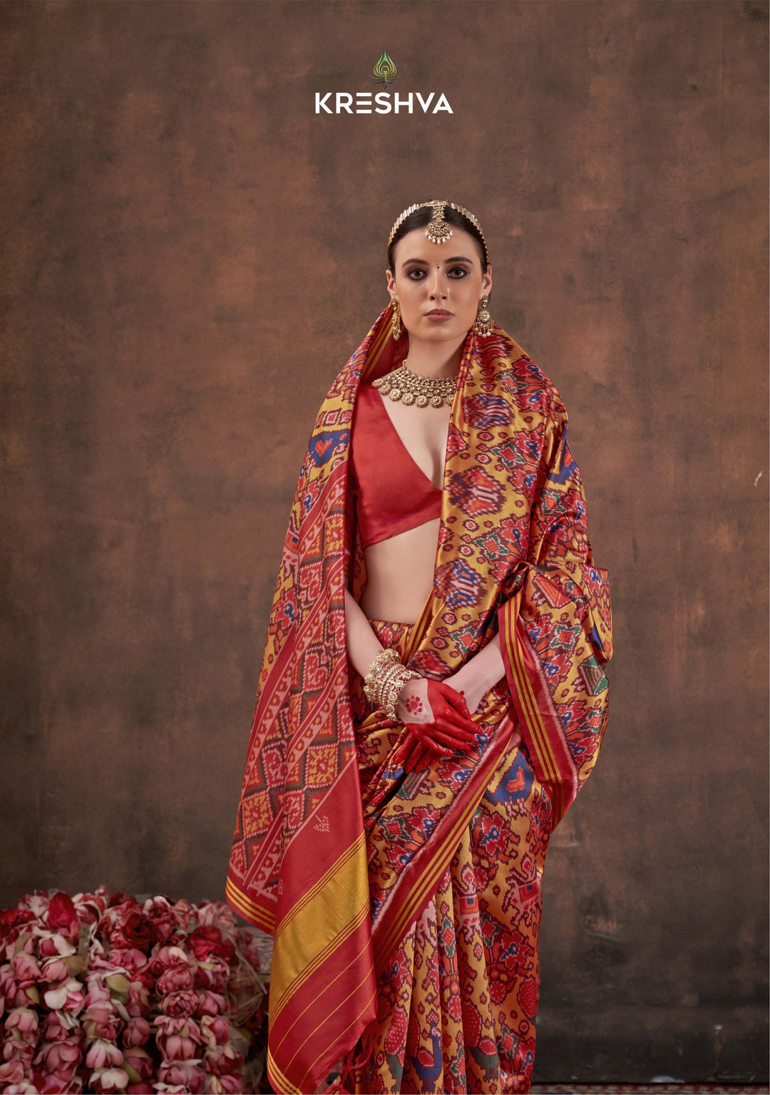 Mustard Yellow Patan Patola Silk Saree with Multicolour Ikat Motifs P82