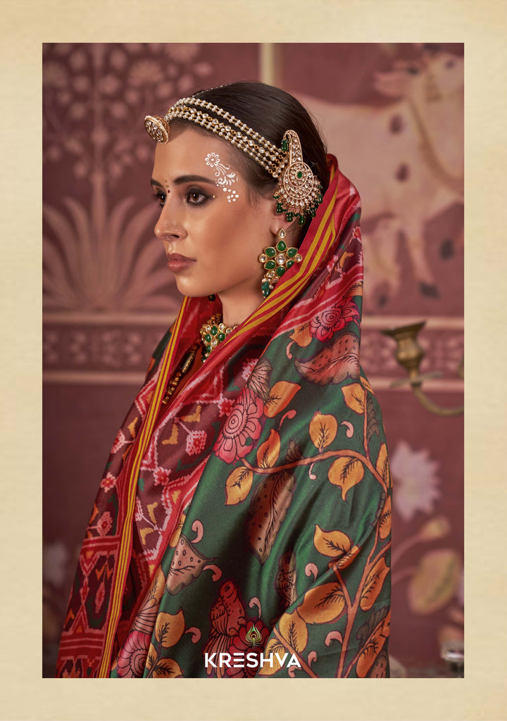 Green & Maroon Patan Patola Silk Saree with Traditional Multicolour Ikat Weave P76