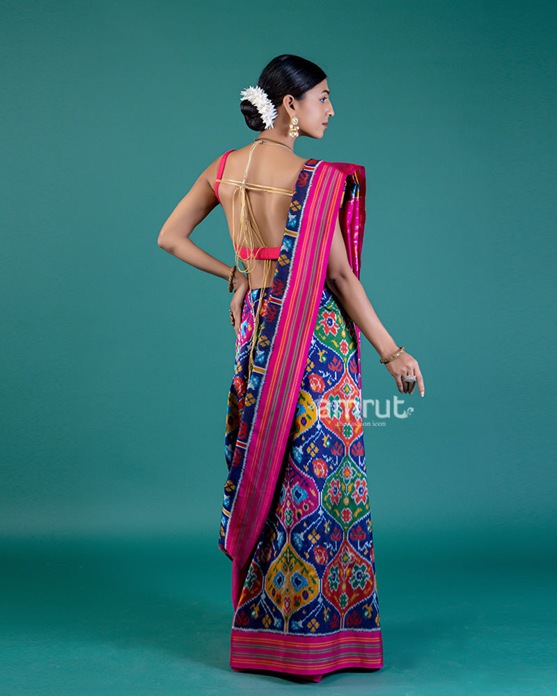 Deep Blue Patola Print Silk Saree with Contrast Pink Pallu