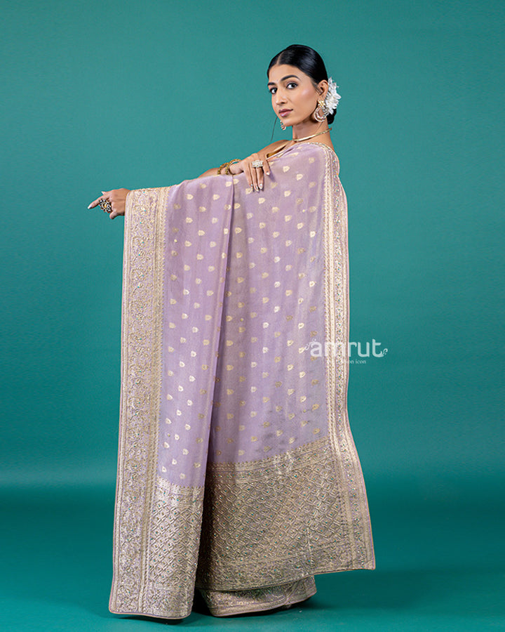 Purple Silk Saree with Buta Design and Rich Border, Unstitched Blouse