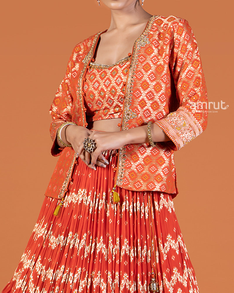 Golden Zari Embroidered Red Lehenga with Orange Crop Choli and Jacket