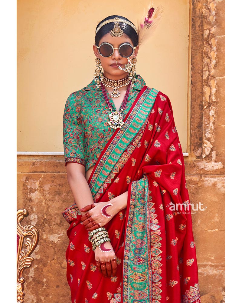 Red Pashmina Silk Saree Embellished Traditional Buti Design and Border with Unstitched Blouse