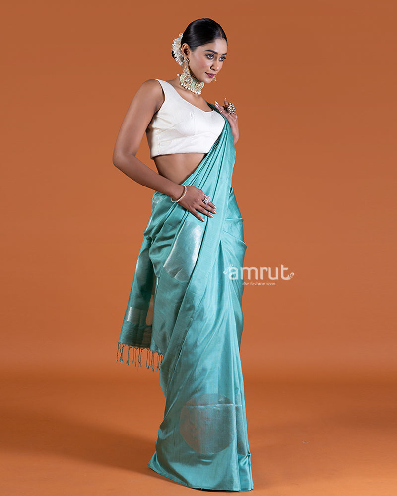 Cyan Blue silk saree with unstitched blouse