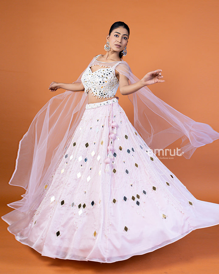 Baby Pink Mirror and Bead Embellished Lehenga Choli with Shrug-Style Dupatta