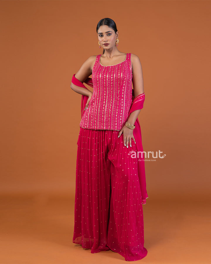 Magenta Pink Sequin Embellished   Palazzo with Sleeveless Plum Top and Dupatta