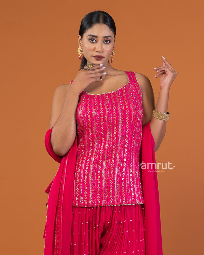 Magenta Pink Sequin Embellished   Palazzo with Sleeveless Plum Top and Dupatta