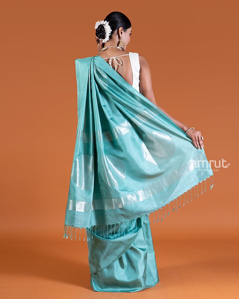 Cyan Blue silk saree with unstitched blouse