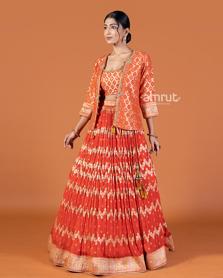 Golden Zari Embroidered Red Lehenga with Orange Crop Choli and Jacket