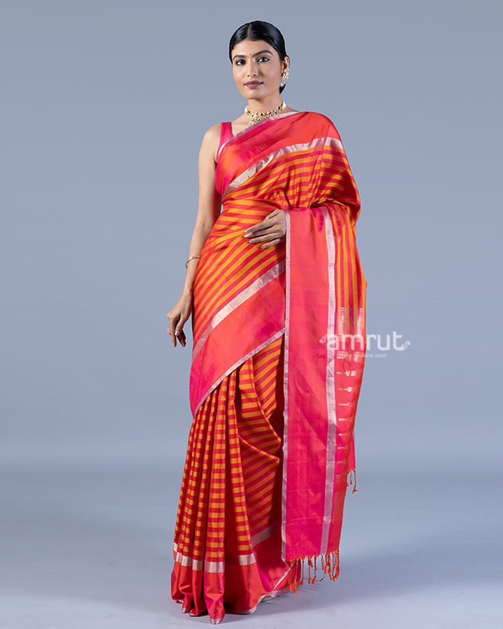 Orange and Hot Pink with Zari woven Stripes Saree with unstitched blouse