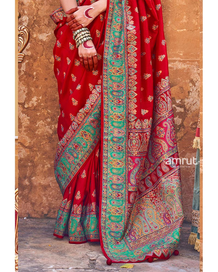 Red Pashmina Silk Saree Embellished Traditional Buti Design and Border with Unstitched Blouse