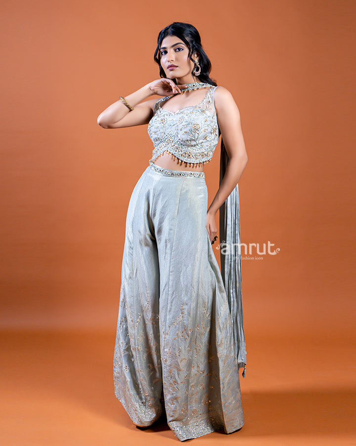 Pista Green Palazzo and Crop Top with Choker-Style Dupatta