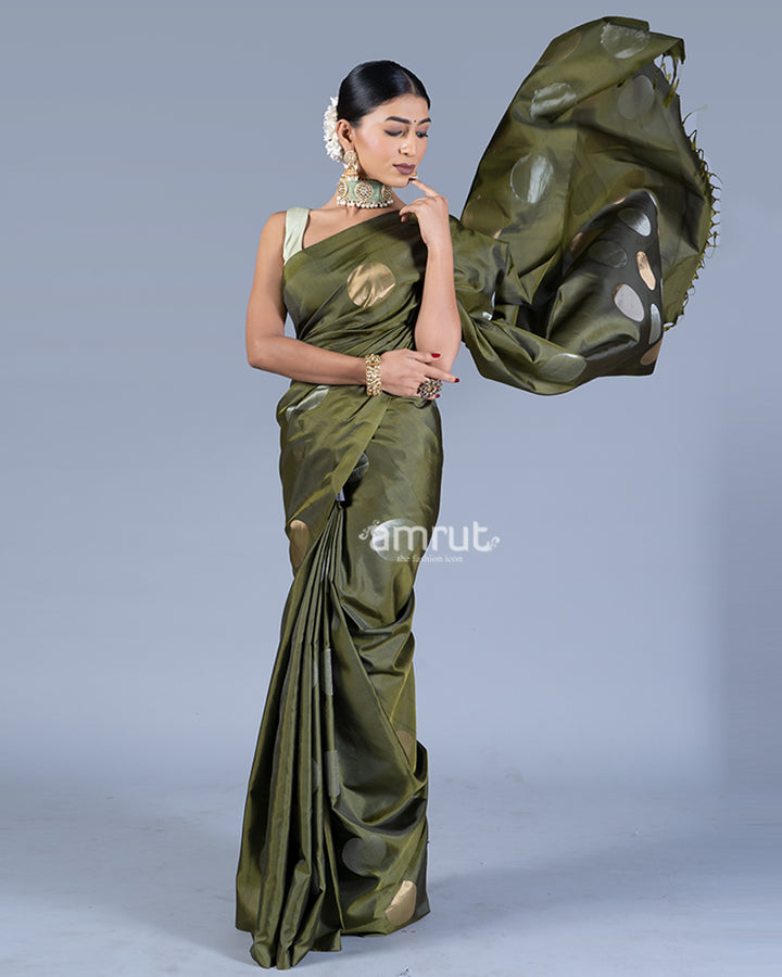 Mehendi Green Golden and Silver Zari Woven Saree with unstitched blouse