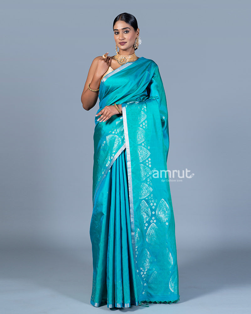 Teal Blue and Green with Intricate Golden Patterns Silk Saree with Unstitched Blouse