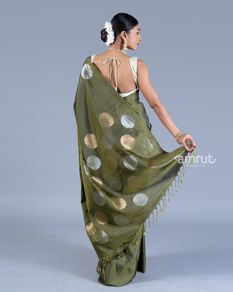 Mehendi Green Golden and Silver Zari Woven Saree with unstitched blouse