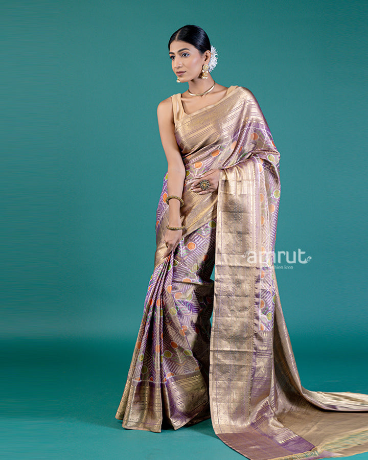 Lavender Kanjivaram Patola Silk Saree with Zari Woven Pallu with unstitched blouse