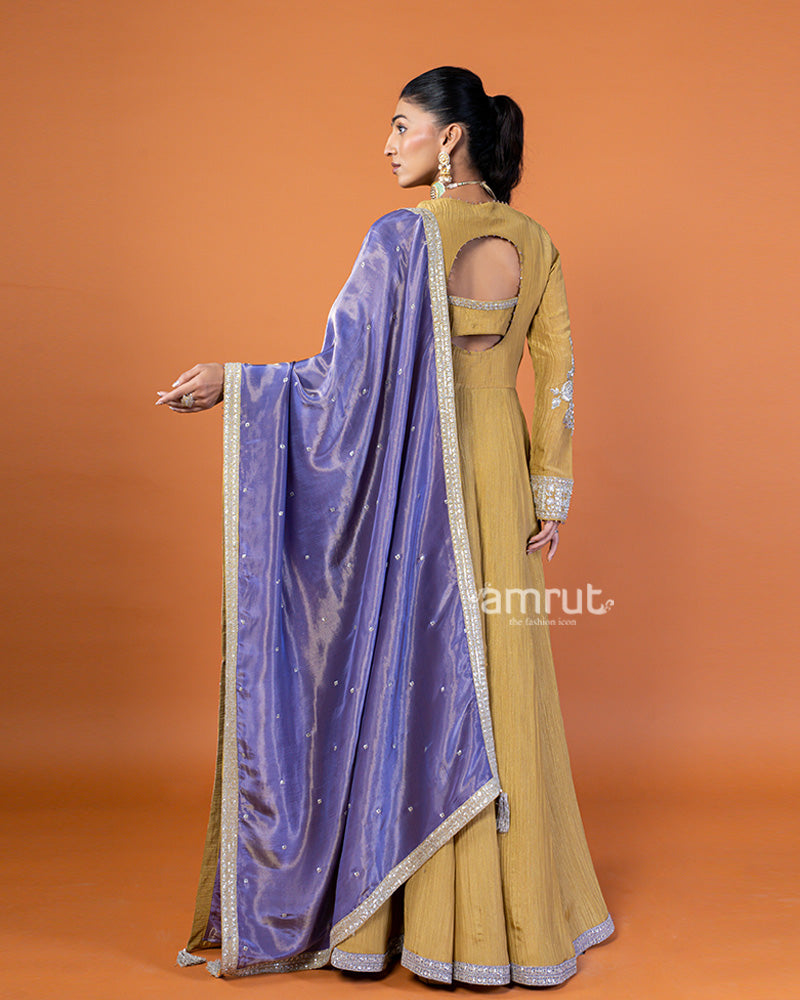 Yellow Embellished Long Kurta with Shimmering Purple Dupatta